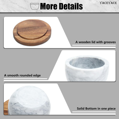 YACEYACE White Modern Marble Salt Bowl, 4oz Small Salt Cellar with Acacia Wood Lid, Elegant White Salt Spice Seasoning Bowl, Container Jar Holder