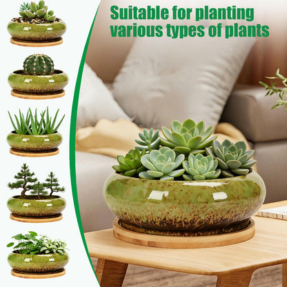 Drzewo 7-Inch Succulent Pots, Succulent Pots with Drainage, Drip Glazed Ceramic Planter with Small Garden Tools, Indoor Succulent Planters for Cactus, Potted Plant,Aloe Vera,Pot for Succulents