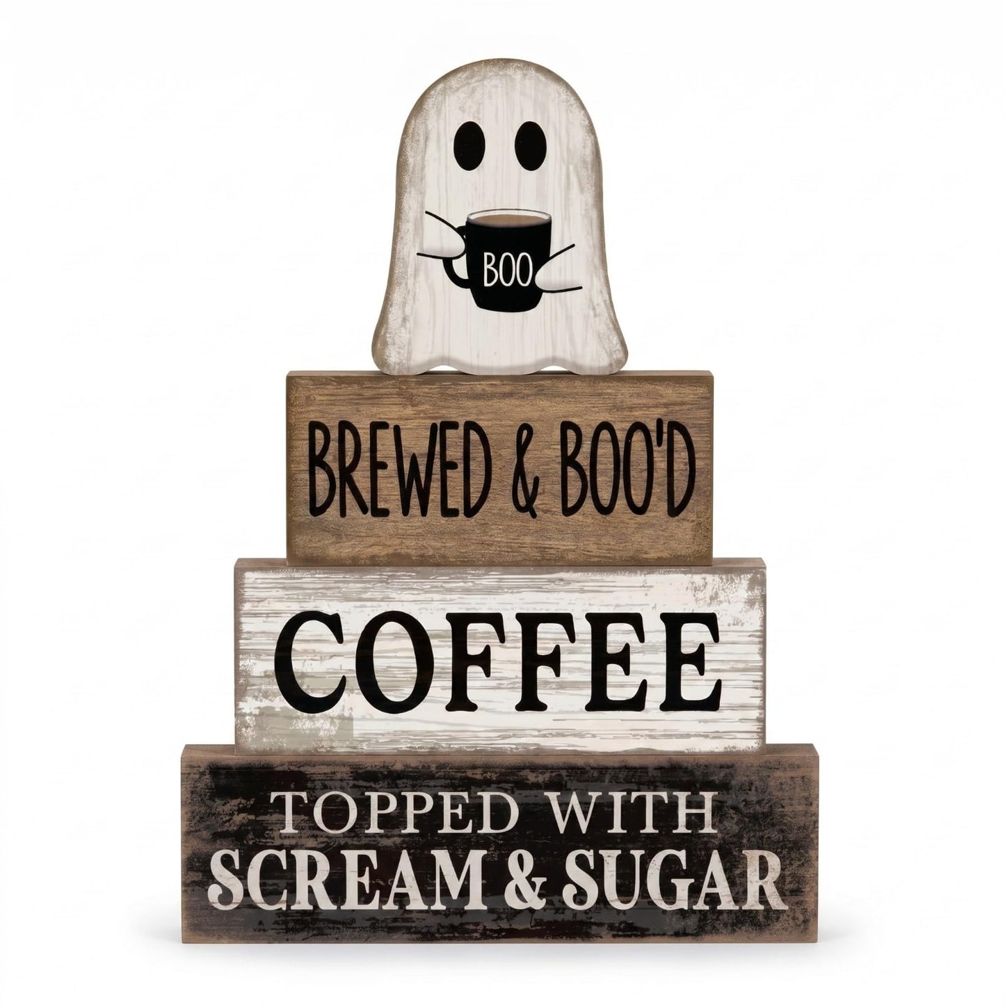 Lineshading 4 Pcs Halloween Coffee Table Decorations Cute Ghost Stacked Wooden Decor - Brewed & Boo'd Coffee Neutral Halloween Tiered Tray Decor Rustic Ghost Table Centerpiece for Home Kitchen Bar