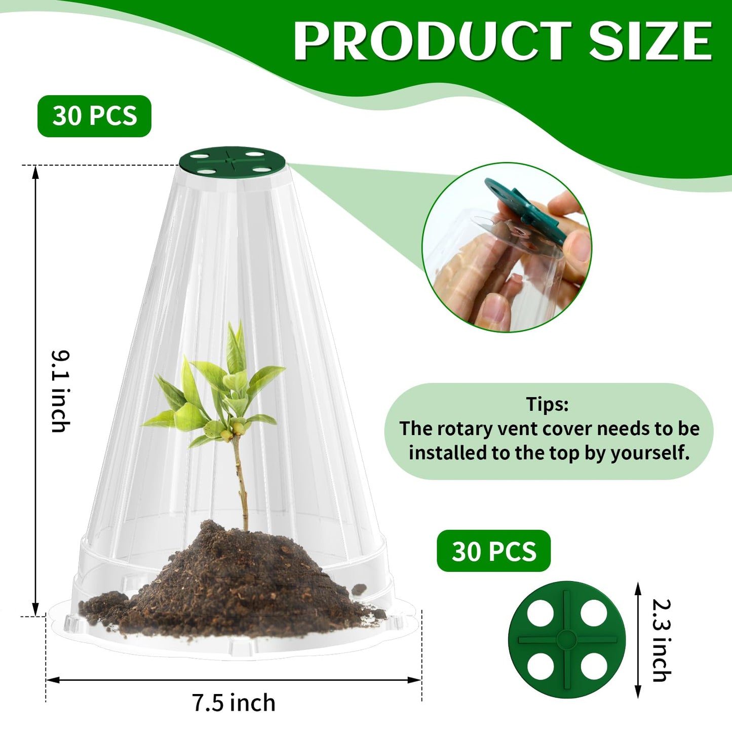 Webuys Garden Cloches for Plants, 30 Pack Garden Cloche with Rotary Vent, Reusable Bell Plant Covers, Plant Cloche Protectors from Animals Snails Birds Chickens, 7.9" H X 6.7" D (Transparent)