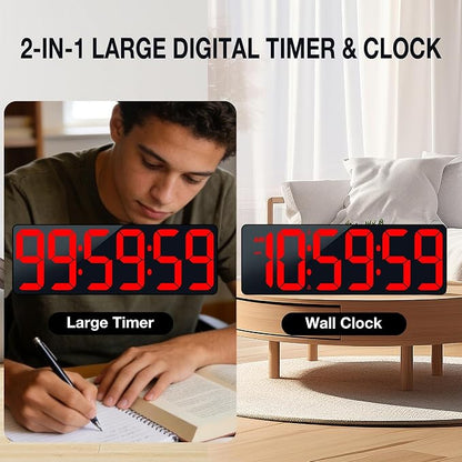 17.2" Large Digital Timer Wall Clock with Remote Control, Count Down Up Digital Timer, Auto DST LED Big Digital Clock for Bedroom Kitchen Living Room Office Gym Home Decor, Red