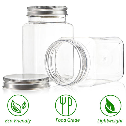 Bekith 16 Pack Clear Plastic Jars with Lids, 13oz Airtight Container for Food Storage, Refillable Square Empty Plastic Jars for Dry Food, Peanut Butter, Honey and Jam Storage