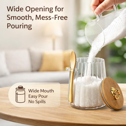 Mowhut Sugar Container,22 FL OZ Airtight Sugar Bowl,Coffee Bar Accessories,Overnight Oats Salt Cookie Coffee Bean Candy Containers with Bamboo Lids Spoon and Pallet,Wide Mouth Glass Jar