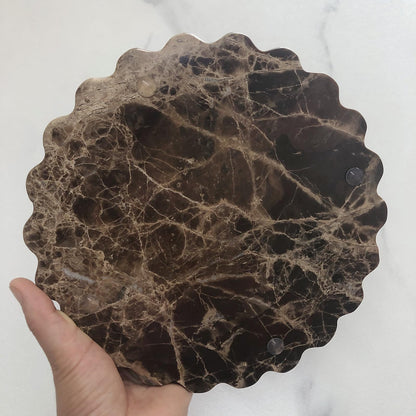 SAIDKOCC Marble Tray Round Scalloped Tray Small Serving Platter for Counter, Bathroom, Kitchen, Nightstand, Jewelry Ring Dish Holder (Coffee Net)