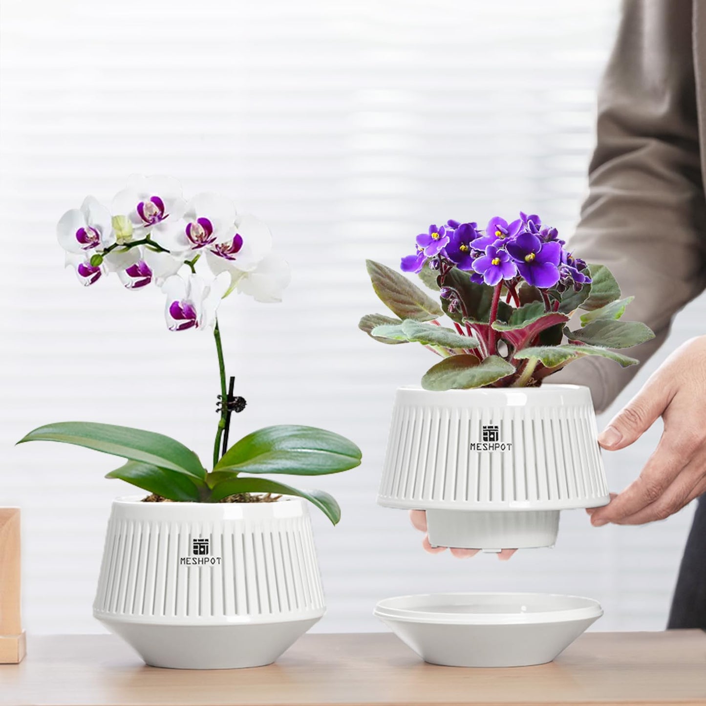 Meshpot 2Pcs 4 inch Clear Orchid Pots with Holes Match White Plastic Orchid Planter & 5 inch White Decorative Orchid Pot