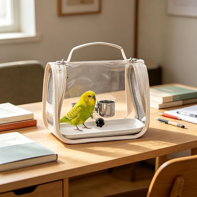 Ventilated Bird Carrier, Travel Backpack with Perch Stand, 36cm Pet Transport Bag with Breathable Mesh Panels, Aviary Carrier with Clear Window Design, Bird Travel Bag for Camping Hiking Trips