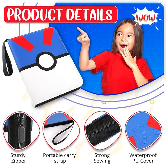 Card Binder 4 Pocket, Trading Card Holder Fits 400 Cards With 50 Removable Sleeves, Portable Collection Card Ablum, Game Card Case book With Zipper for Gift - Blue