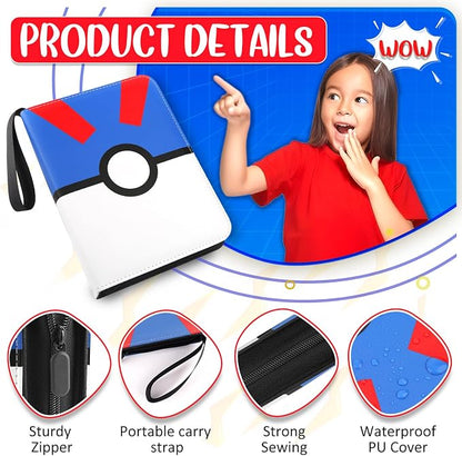 Card Binder 4 Pocket, Trading Card Holder Fits 400 Cards With 50 Removable Sleeves, Portable Collection Card Ablum, Game Card Case book With Zipper for Gift - Blue