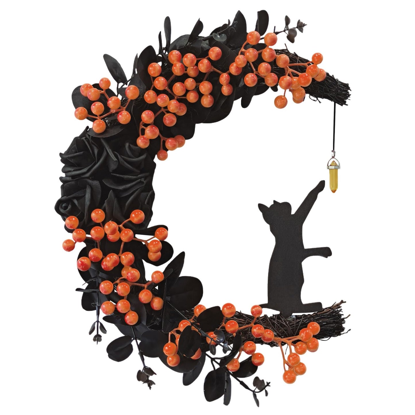 Halloween Decor, 2026 New Spooky Halloween Wreath with Lights, Black Cat Crescent Moon Design, Indoor Outdoor Front Door Wall Decor for Halloween Party