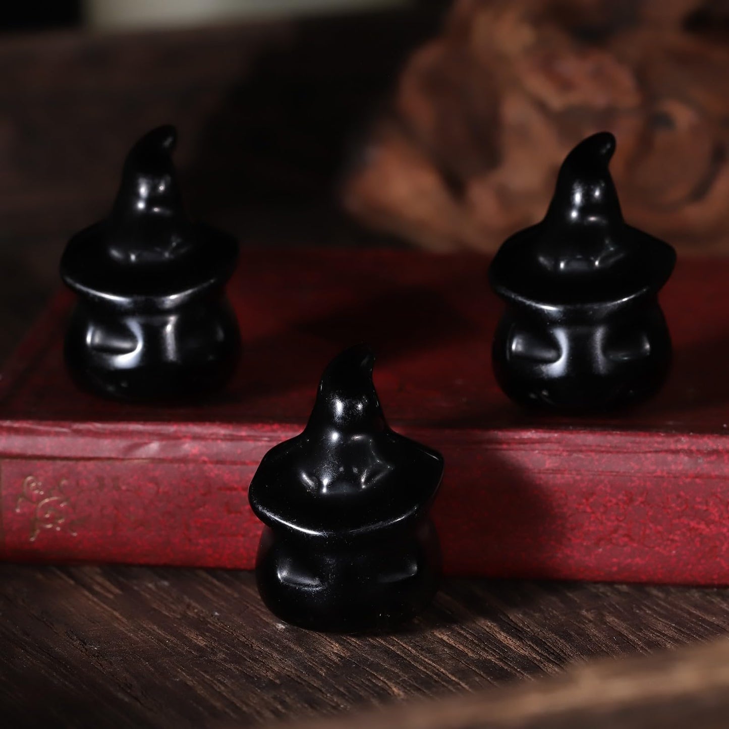 SUNYIK 2PCS Hand Carved Pumpkin Ghost Pocket Statue Healing Stone Halloween Crystal Figurine Witch Decor for Home Office Tabletop, Black Obsidian