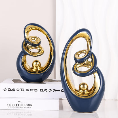 GAOSHENG Blue Gold Ceramic Abstract Sculpture, Modern Art Deco Statues With Gold Accents For Home, Tv Stand Decor Centerpieces