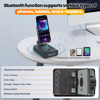 Joymate Gifts for Men and Women, Wireless Phone Charger Stand with Bluetooth Speaker and Adjustable Angle Phone Holder for Desk Tech Gift for Birthday/Valentines Day/Christmas(Black)