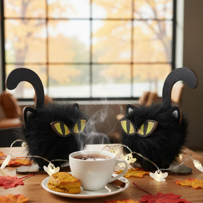 HH Family Halloween Table Decor Black Cat 2 Pack, Rustic Wooden Decorations for Tabletop Tiered Tray Shelf or Mantel