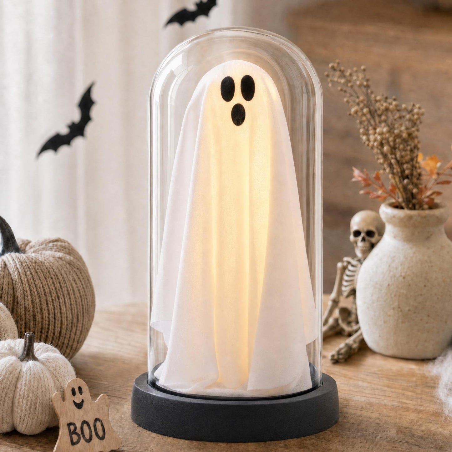 Halloween Decor-Halloween Decorations Indoor-Light Up Ghost in Glass Cloche-Cute Ghost with Light for Home Kitchen Mantel Tabletop Party Decor and Holiday Decorations