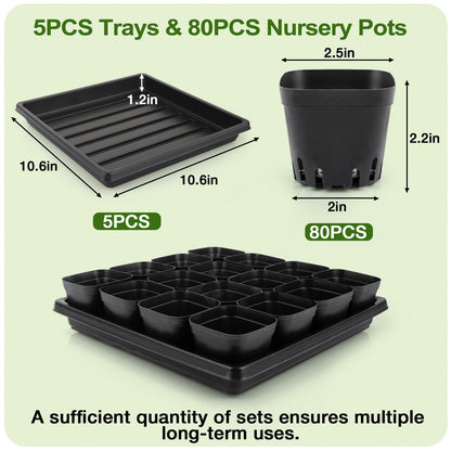 Mlhezy 80Pcs 2.5inch Square Nursery Pots with 5Pcs Seed Starting Trays, Seed Starter Tray Kit, Seeds Starting Germination, Seeding Pots with Drain Holes, Small Plant Nursery Propagation