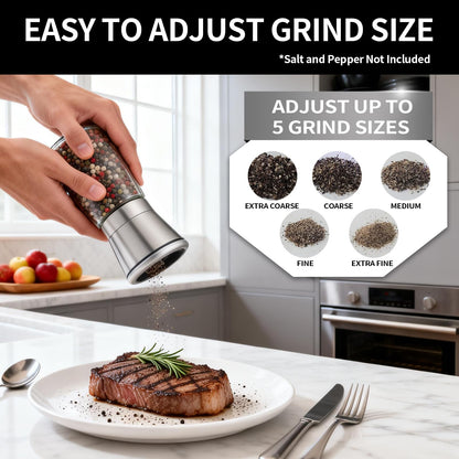 Premium Salt and Pepper Grinder Set of 2, Refillable Stainless Steel Spice Shakers with Adjustable Coarseness, Easy Clean Durable Ceramic Mills, Include Silicone Funnel & Cleaning Brush (5.3"H-2 Pack)