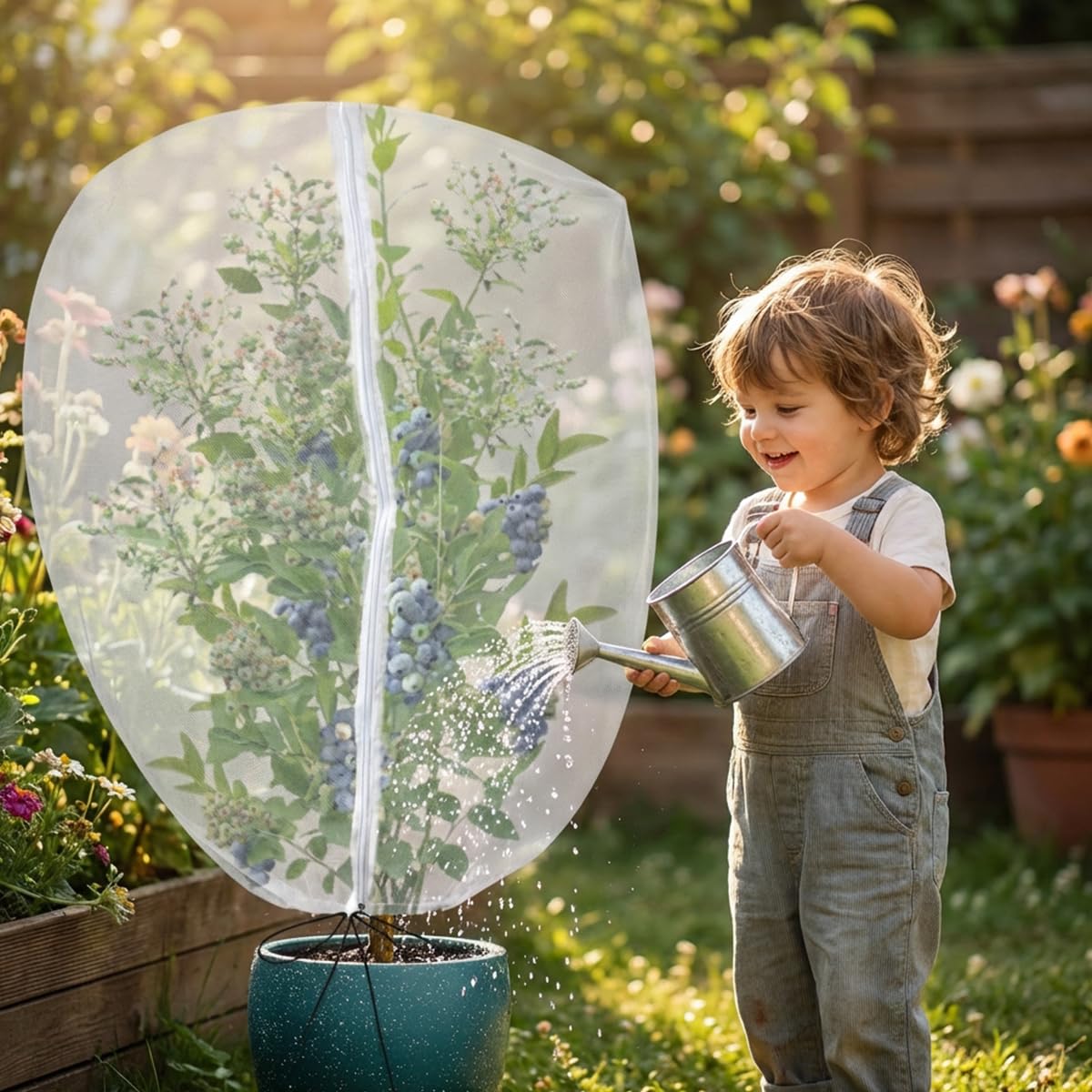 Gardtree 4PCS 2.2 x 3.2 FT Small Garden Plant Netting Covers with Double Zipper & Drawstring – Potted Plant Mesh Cover for Strawberries, Herbs & Flowers – Reusable Anti-Squirrel Barrier