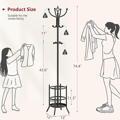 Tajsoon Coat Rack Stand with Umbrella Holder, Coat Tree Freestanding with 16 Hooks, Coat Hangers Stand for Living Room, Bedroom, Office, Black