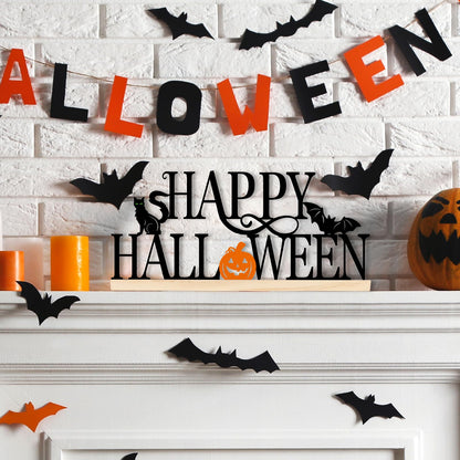 COCHIE Metal Happy Halloween Sign, Black Halloween Decorations for Home, Office, Shelf, Mantel, Indoor, Jack-o-lantern Decoration, Spooky Cat Bat Decor (Halloween)