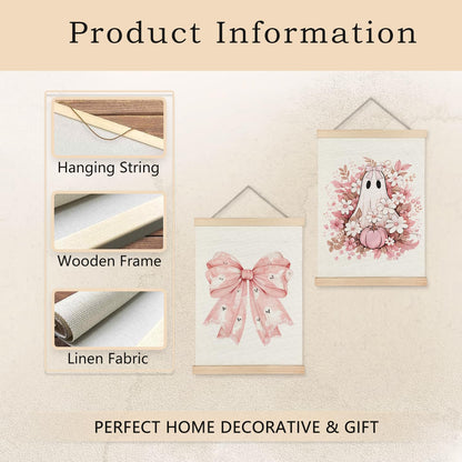 Exqcom Coquette Pink Bow Floral Halloween Ghost Wall Decor Set of 2, Preppy Pink Fall Pumpkin Floral Wall Art Poster, Halloween Ghost Posters for Girly Room Bedroom Dorm Apartment Home, 12x16 Inches