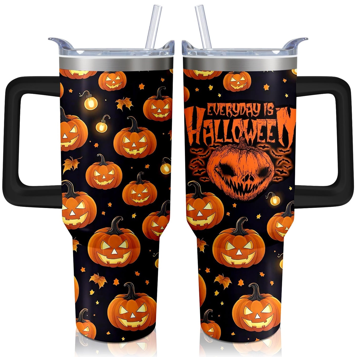 40oz Halloween Pumpkin Gift Fall Tumbler with Handle and straw, Horror Scary Spooky Stainless Steel Insulated Cup, Coffee Mug Water Bottle for Halloween
