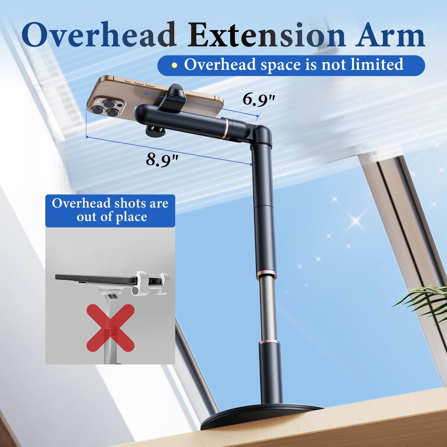 Nauttxon Angle Height Adjustable Phone Holder for Desk [10"-25"] - Retractable Cell Phone Holder for Video Recording Cooking Excising Working Reading -Aluminum iPhone 17 16 15 14 Pro Max Air Stand