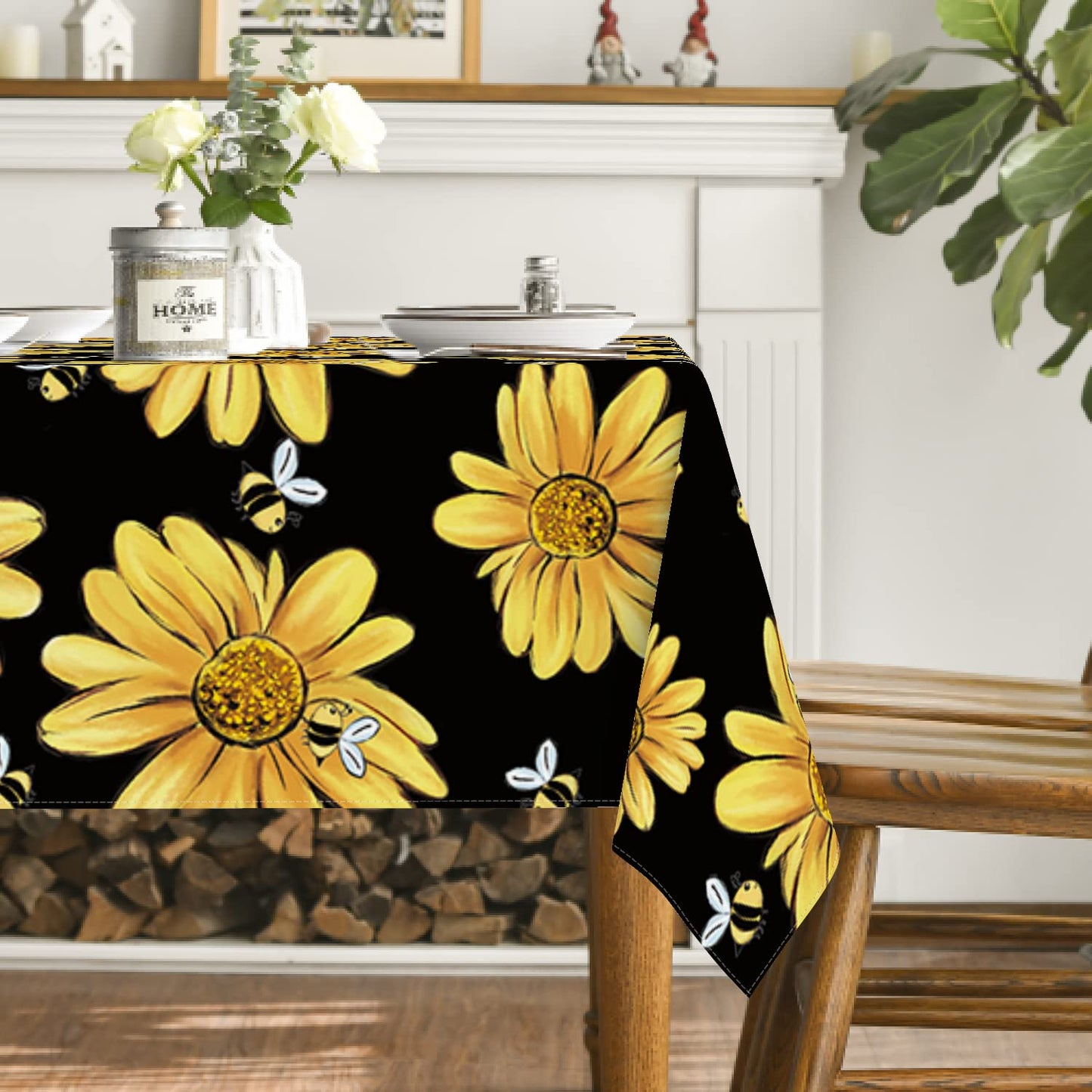 Horaldaily Summer Tablecloth 60×84 Inch Rectangular, Yellow Sunflower Bumble Bee Black Fall Washable Table Cover for Party Picnic Dinner Decor