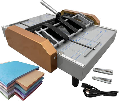 Automatic Booklet Maker & Folding Machine 110V Professional Desktop Booklet Stapler 17 Sheet 80G Paper Capacity 5 Stapling Positions Dual Action Binding Folding for Book and Paper