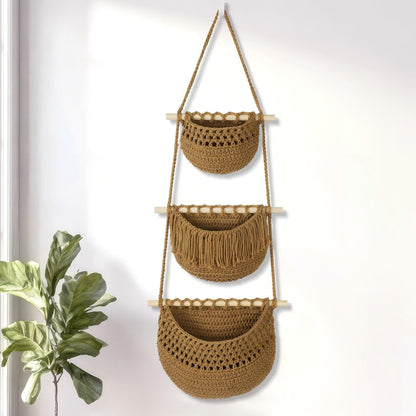 GLDFI Boho Style Handwoven Rope Hanging Basket - 3-Tier Detachable Storage Organizer for Kitchen/Bathroom/Entryway, 3 Included Heavy-Duty Hooks, 7 Color Options Available (Brown)