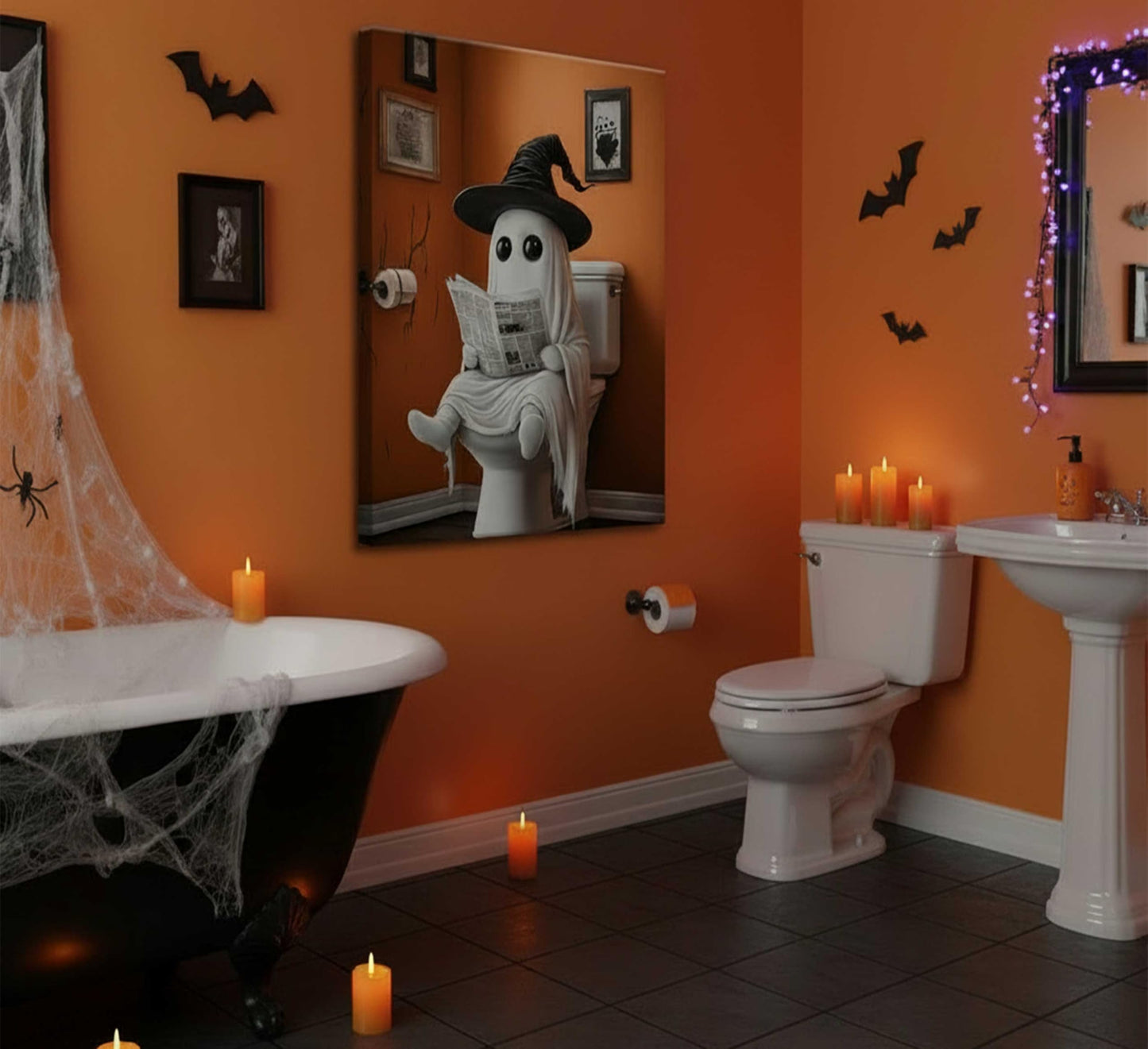 Halloween Funny Ghost Canvas Wall Art Ghost on Toilet Gothic Horror Creepy Dark Academia Painting Picture Wall Decor Poster Print Artwork for Bathroom Home Decoration