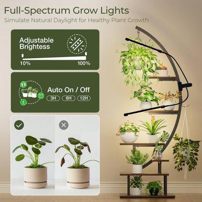 GREENSTELL Plant Stand with Grow Lights, Half Moon 7 Tiered Metal Plant Shelf , Multiple Tier Curved Ladder Flower Pot Stand Display Rack for Indoor Living Room Patio Garden Balcony Dark Brown (2 Pack)