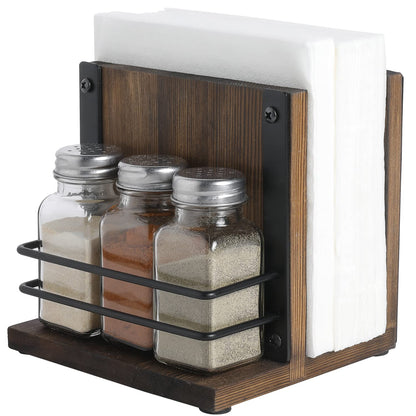 MyGift Napkin Holder with Salt and Pepper Shakers Set, Wood Tabletop Napkin Dispenser with Condiment Organizer and 3 Glass Shakers, Rustic Kitchen Décor
