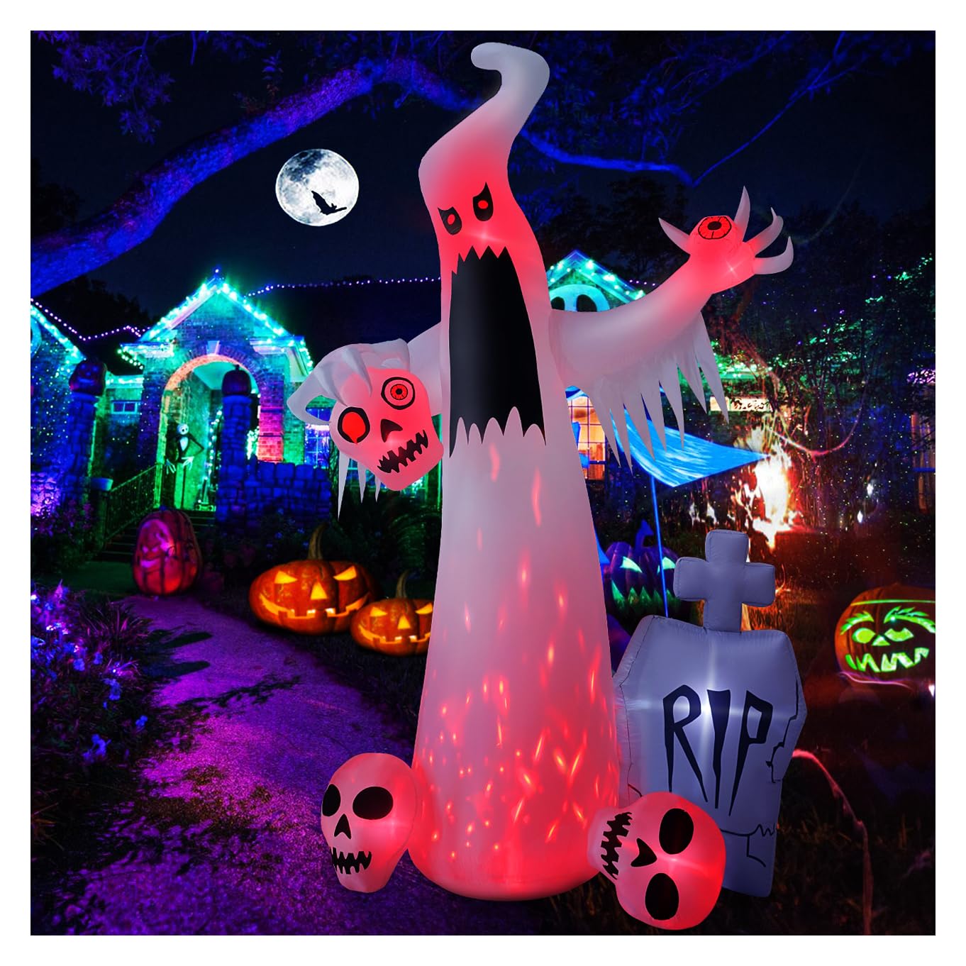 HOPOCO 12 FT Halloween Inflatables Outdoor Halloween Blow Up Yard Decorations Horror White Ghost with 3 Skull Heads Bleeding Eyeball Tombstone Halloween Decorations Clearance for Party Yard Garden