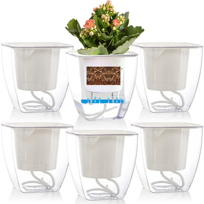 Lyellfe 6 Pack Plastic Self Watering Pots, 4 Inch Clear African Violet Pots for Indoor Plants, Automatic-Watering Planter with Drainage, Wick Rope, Windowsill Gardens, Herb, Orchid