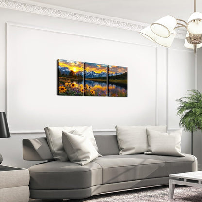 jejeloiu Mountain Lake Canvas Wall Art for Living Room Bedroom 12"x16"x3pcs Sunflower Floral Picture Wall Decor for Bathroom Natural Scenery Office Decorations Artwork Posters Sunrise Painting