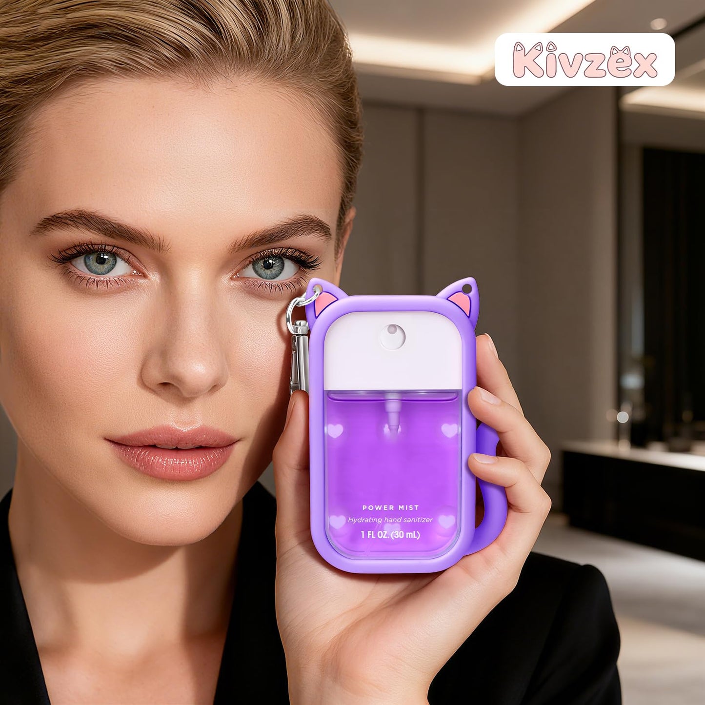 Cat Silicone Case for Touchland Hand Sanitizer Spray with Keychain, Compatible with Power Mist & Glow Mist 1 FL Oz/30ML for Touchland Case, with Charms Accessory Cute Travel Cover Sleeve Purple