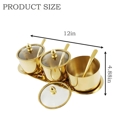 HMDIUM Sugar Bowl Set - 3 Grid Condiment Jars with Glass Lids & Spoon Stainless Steel Canisters with Tray for Sugar, Spice, Salt - Stylish Kitchen Storage Containers