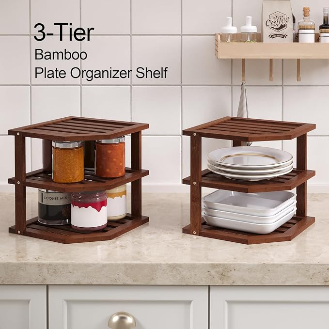 VERTORGAN 3 Tier Bamboo Corner Shelf(2 pack),Dish Drying Rack,Plate Organizer,Kitchen Spice Rack for Countertop and Cabinet,Pantry Organization and Storage(Brown)