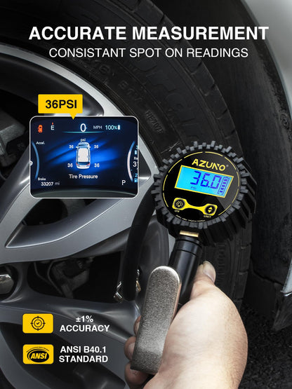 AZUNO Digital Tire Inflator with Pressure Gauge, 200 PSI, Heavy Duty Air Compressor Accessories, w/Rubber Hose Lock on Air Chuck and Quick Connect Coupler