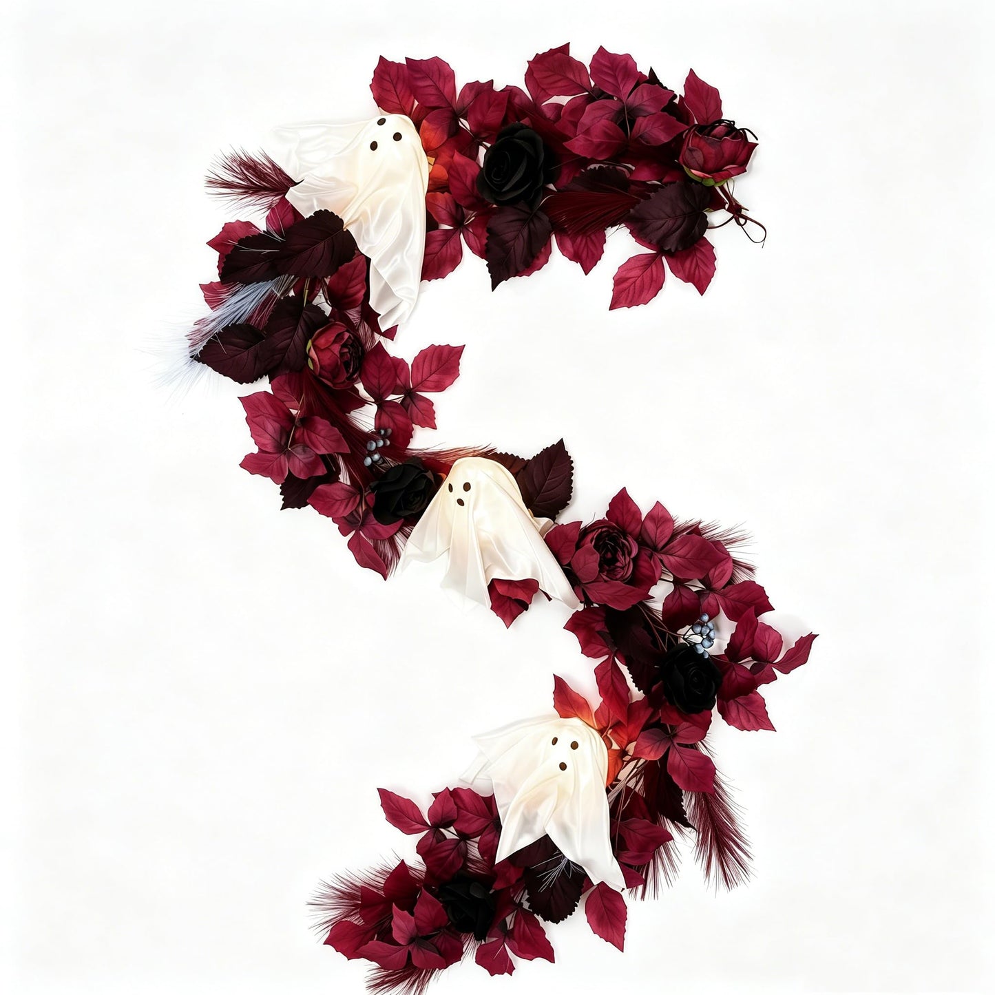 HipTree 6 FT Gothic Halloween Garland with Light-Up Cute White Ghosts, Spooky Fall Eucalyptus Garland with Burgundy Leaves & Pampas Grass for Mantle Fireplace Staircase Indoor Outdoor