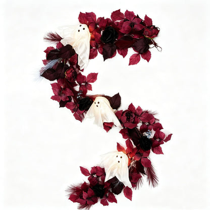 HipTree 6 FT Gothic Halloween Garland with Light-Up Cute White Ghosts, Spooky Fall Eucalyptus Garland with Burgundy Leaves & Pampas Grass for Mantle Fireplace Staircase Indoor Outdoor