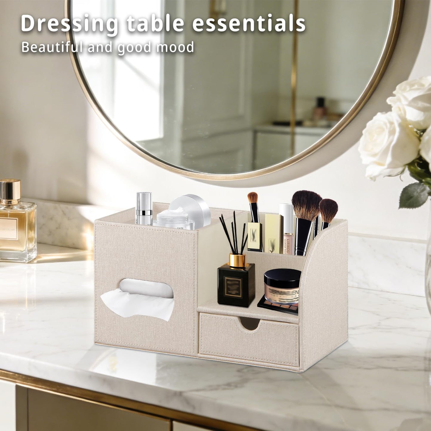 YAPISHI Tissue Box Cover with Storage Tray and Drawer, PU Leather Square Tissue Box Holder, Modern Cube Facial Tissue Dispenser, Makeup Holder, Remote Control Organizer for Nightstand, Bathroom Vanity