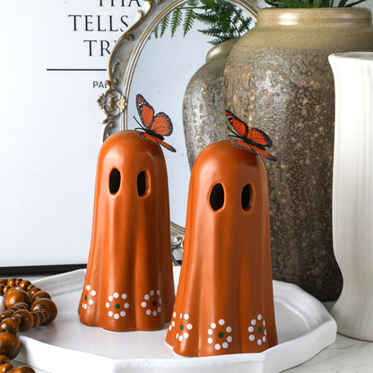 SiliFine 2 Pcs Day of The Dead Ceramic Mexican Ghost Figurine Dia De Los Muertos Terracotta Ghost Decor with Simulated Butterfly Decoration Mexican Halloween Table Decor for Home Shelf Office, 7 Inch