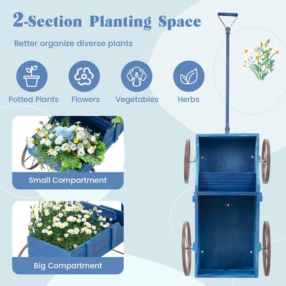 Giantex Decorative Garden Planter, Small Wagon Cart with Metal Wheels, Wood Raised Beds Plant Pot Stand for Backyard Garden Patio 24.5”Lx13.5”Wx24”H (Blue)