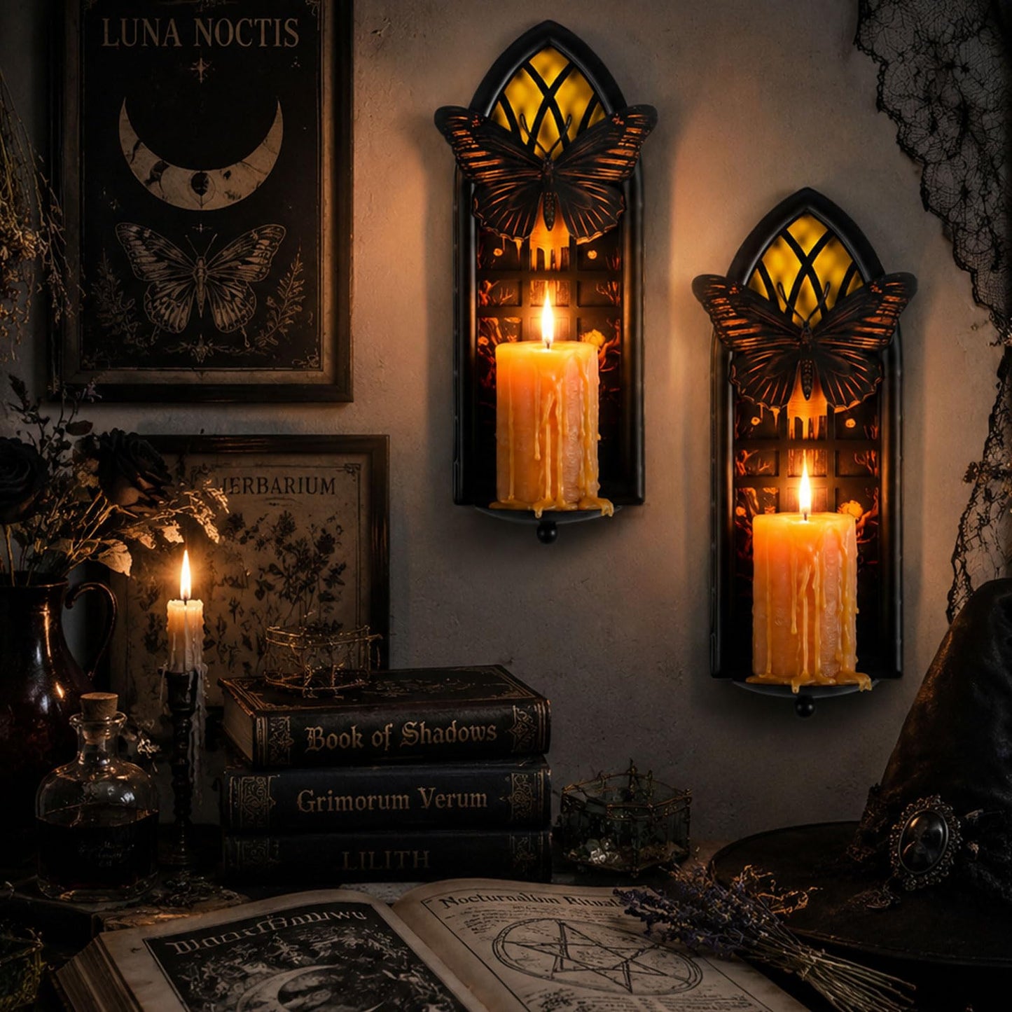 AimtoHome Gothic Moth Cathedral Window Wall Candle Sconces Set of 2