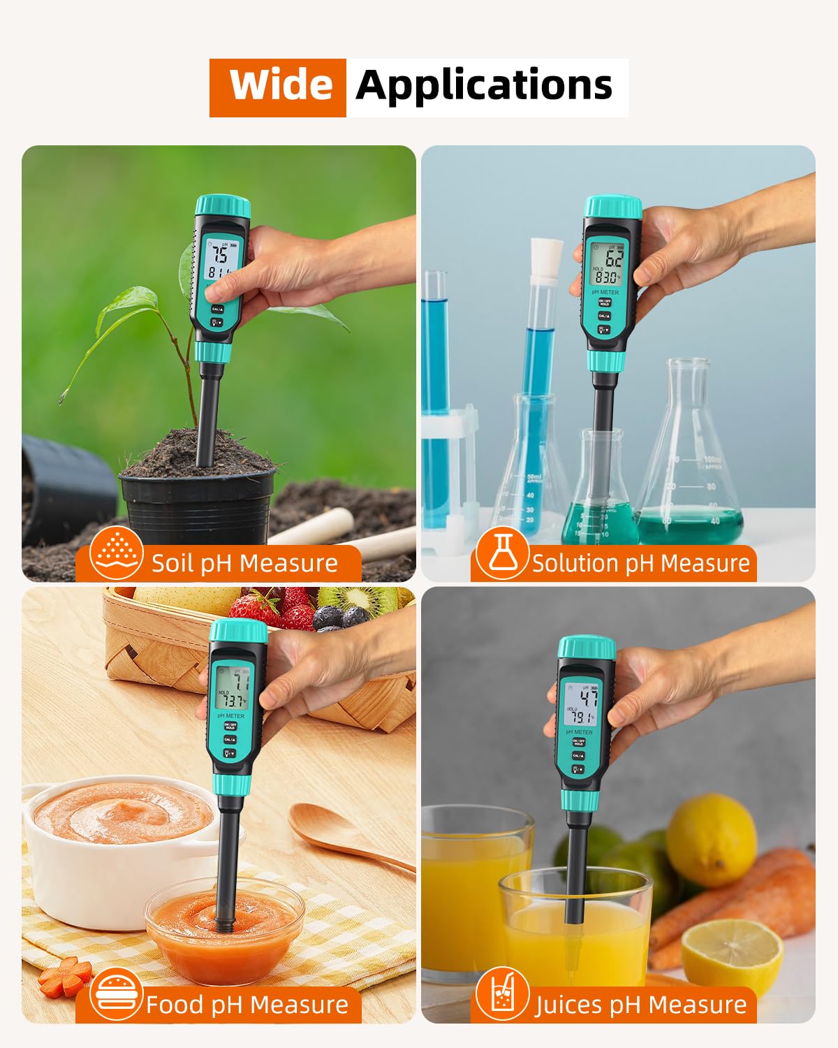 Tadeto Soil pH Tester, High Accuracy Digital pH Meter for Soil, Garden, Water, Plants, Solution and Food, Soil pH Test Kit with Thermometer LCD Display, Calibration Powder and Alloy Protective Cap