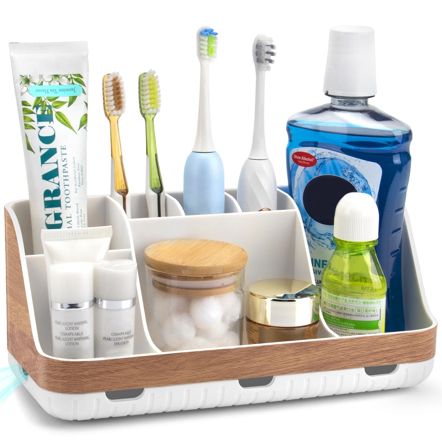 GFWARE Bathroom Countertop Organizer - Detachable 7 Slots Kids Electric Toothbrush and Toothpaste Holde Drainage for Bathroom Accessories Organization Counter Vanity Storage, Woodgrain