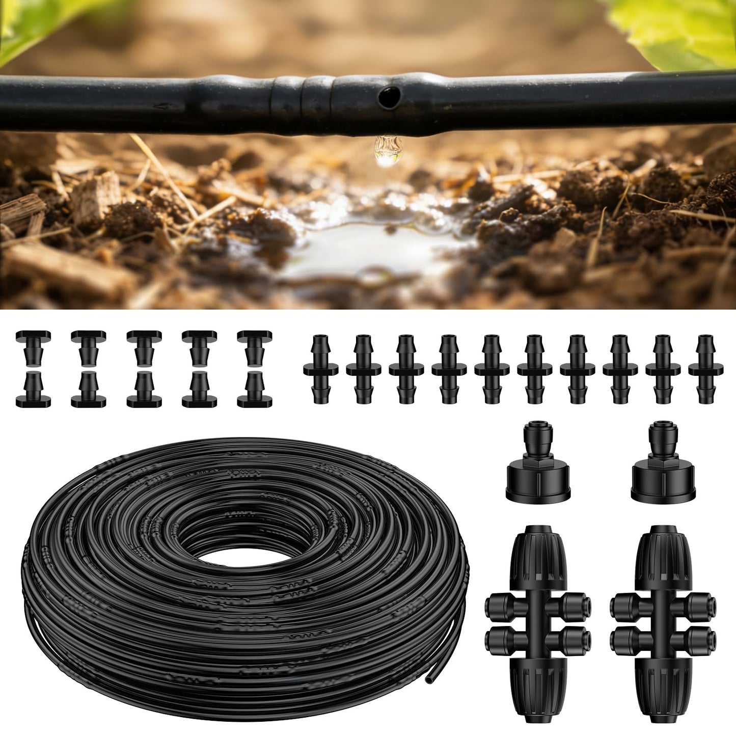 Pawfly 200 ft 1/4 Drip Irrigation Tubing, 1/4" Emitter Tubing with 6" Spacing, Polyethylene Drip Line with 24 Parts, Black Distribution Tubing for Drip Irrigation System, Drip Irrigation Hose Roll