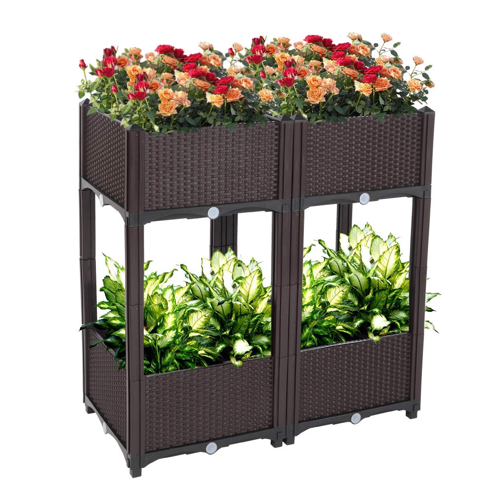 Guangshuohui Planter Raised Beds Kits,Garden Bed with Self Watering Planter Box and Drainage Plug,for Flowers Vegetables and Garden Patio Balcony Restaurant, Easy Assembly (Set of 4,Brown)