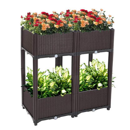 Guangshuohui Planter Raised Beds Kits,Garden Bed with Self Watering Planter Box and Drainage Plug,for Flowers Vegetables and Garden Patio Balcony Restaurant, Easy Assembly (Set of 4,Brown)